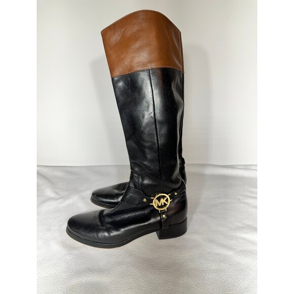 Michael Kors Fulton Harness Boot Black/Mocha Brown Leather Boot sz 7.5 - Picture 1 of 12